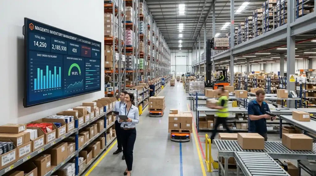 Professional dashboard and warehouse showcasing advanced Magento inventory management solutions