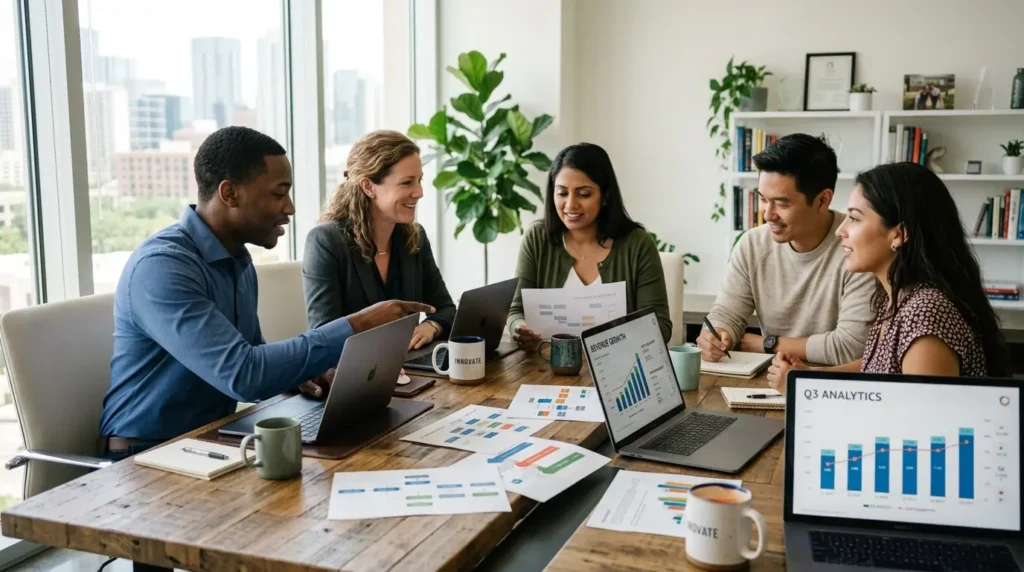 A team working on the best ERP for small business while collaborating around a table with laptops and charts